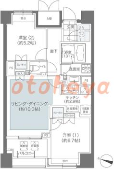 楽器ピアノ可相談 の 賃貸物件 2LDK 25万円の図面１