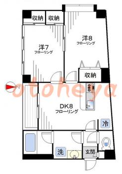 楽器ピアノ可相談 の 賃貸物件 2DK 15.8万円の図面１