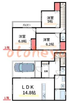 楽器ピアノ可相談 の 賃貸物件 3LDK 21万円の図面１