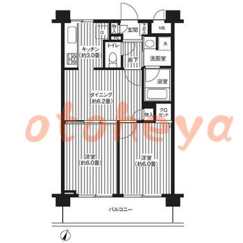 楽器ピアノ可相談 の 賃貸物件 2DK 12.2万円の図面１