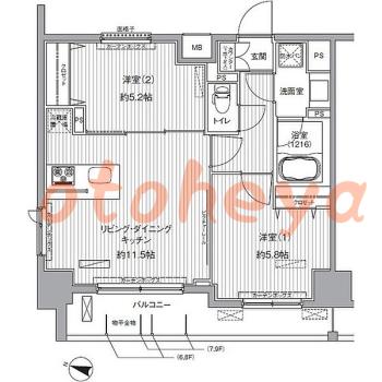 楽器ピアノ可相談 の 賃貸物件 2LDK 17.7万円の図面１