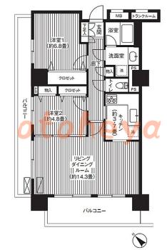 楽器ピアノ可相談 の 賃貸物件 2LDK 18.7万円の図面１