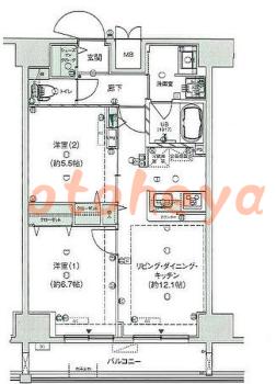 楽器ピアノ可相談 の 賃貸物件 2LDK 21万円の図面１