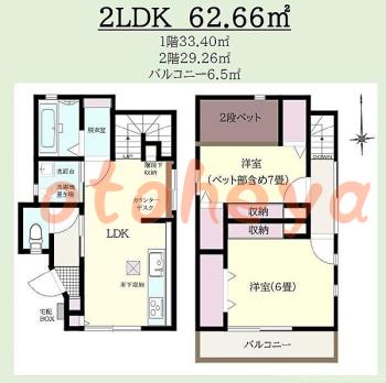 楽器ピアノ可相談 の 賃貸物件 2LDK 16万円の図面１