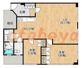 楽器ピアノ可相談 の 賃貸物件 2LDK 13.8万円の図面１