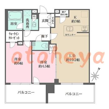 楽器ピアノ可相談 の 賃貸物件 2LDK 27万円の図面１