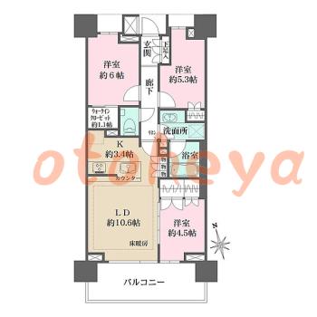 楽器ピアノ可相談 の 賃貸物件 3LDK 33.8万円の図面１