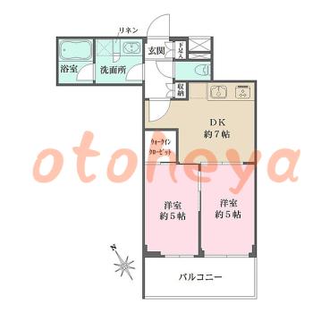 楽器ピアノ可相談 の 賃貸物件 2DK 20.9万円の図面１