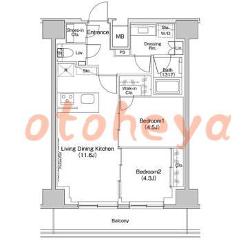 楽器ピアノ可相談 の 賃貸物件 2LDK 23万円の図面１