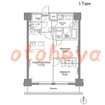 楽器ピアノ可相談 の 賃貸物件 2LDK 26万円の図面１