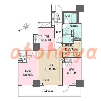 楽器ピアノ可相談 の 賃貸物件 3LDK 58万円の図面１