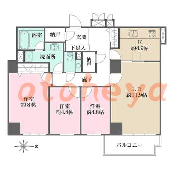 楽器ピアノ可相談 の 賃貸物件 3LDK 57万円の図面１