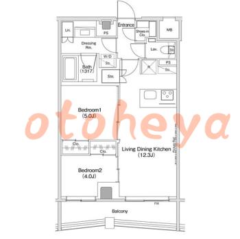 楽器ピアノ可相談 の 賃貸物件 2LDK 40万円の図面１