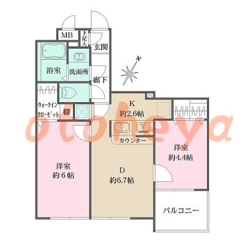 楽器ピアノ可相談 の 賃貸物件 2DK 16.3万円の図面１