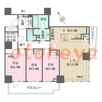 楽器ピアノ可相談 の 賃貸物件 3LDK 73万円の図面１