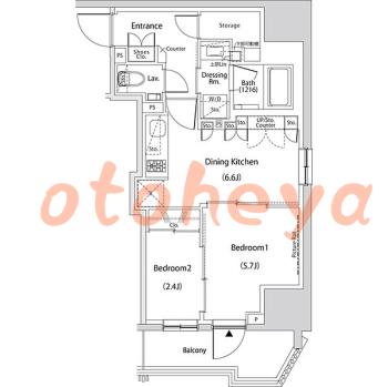 楽器ピアノ可相談 の 賃貸物件 2DK 20.8万円の図面１