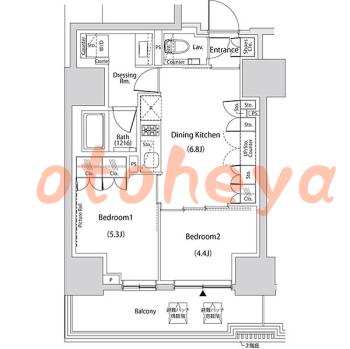 楽器ピアノ可相談 の 賃貸物件 2DK 22.8万円の図面１