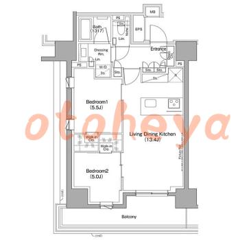 楽器ピアノ可相談 の 賃貸物件 2LDK 26.1万円の図面１