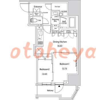 楽器ピアノ可相談 の 賃貸物件 2DK 19.6万円の図面１