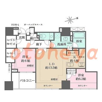 楽器ピアノ可相談 の 賃貸物件 2LDK 64万円の図面１