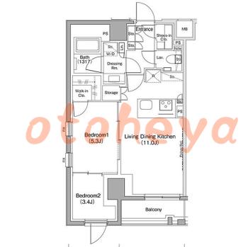 楽器ピアノ可相談 の 賃貸物件 2LDK 22万円の図面１