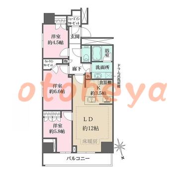 楽器ピアノ可相談 の 賃貸物件 3LDK 35.5万円の図面１