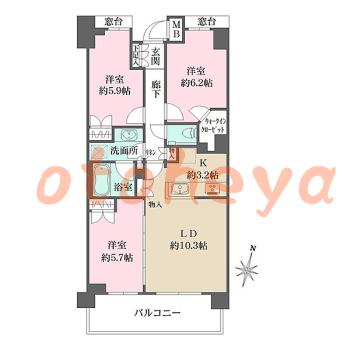 楽器ピアノ可相談 の 賃貸物件 3LDK 26.8万円の図面１