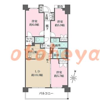楽器ピアノ可相談 の 賃貸物件 3LDK 27.6万円の図面１