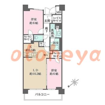 楽器ピアノ可相談 の 賃貸物件 2LDK 25.5万円の図面１