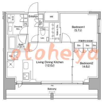 楽器ピアノ可相談 の 賃貸物件 2LDK 26.9万円の図面１