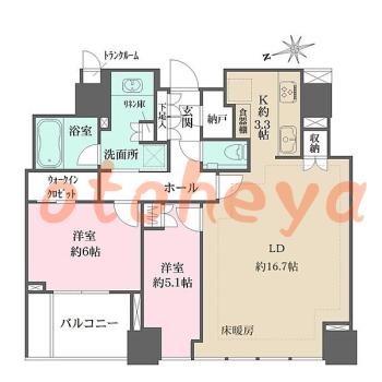 楽器ピアノ可相談 の 賃貸物件 2LDK 52.5万円の図面１