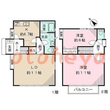 楽器ピアノ可相談 の 賃貸物件 2LDK 21.5万円の図面１