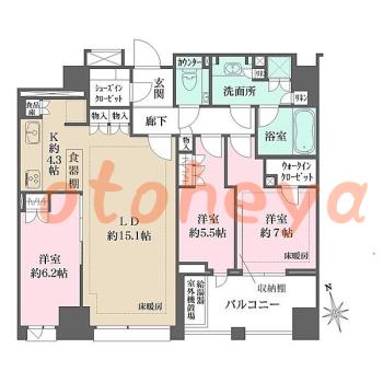 楽器ピアノ可相談 の 賃貸物件 3LDK 60万円の図面１