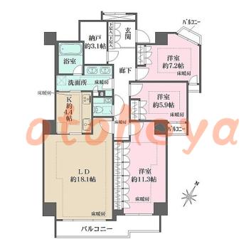 楽器ピアノ可相談 の 賃貸物件 3LDK 49万円の図面１