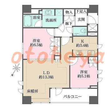 楽器ピアノ可相談 の 賃貸物件 2LDK 16.8万円の図面１