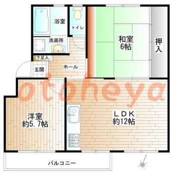 楽器ピアノ可相談 の 賃貸物件 2LDK 6.8万円の図面１