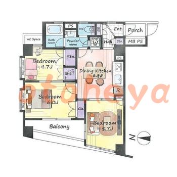 楽器ピアノ可相談 の 賃貸物件 3DK 21万円の図面１
