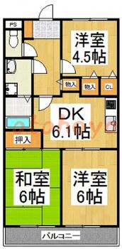 楽器ピアノ可相談 の 賃貸物件 3DK 7.6万円の図面１