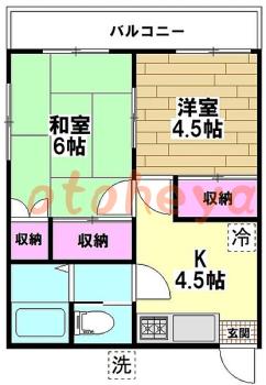 楽器ピアノ可相談 の 賃貸物件 2K 7.4万円の図面１