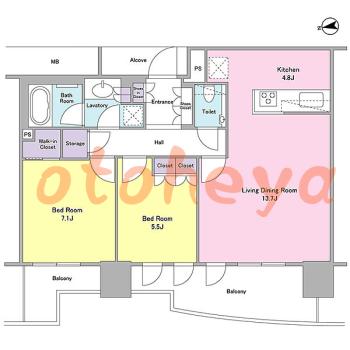 楽器ピアノ可相談 の 賃貸物件 2LDK 30.5万円の図面１