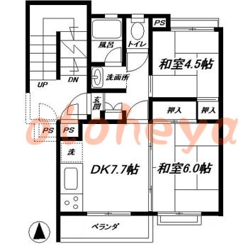 楽器ピアノ可相談 の 賃貸物件 2DK 7.4万円の図面１