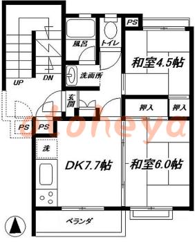 楽器ピアノ可相談 の 賃貸物件 2DK 7万円の図面１