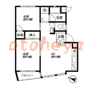 楽器ピアノ可相談 の 賃貸物件 2DK 7.3万円の図面１