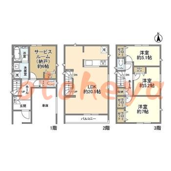 楽器ピアノ可相談 の 賃貸物件 3SLDK 27万円の図面１