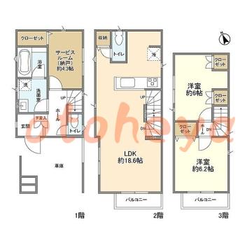 楽器ピアノ可相談 の 賃貸物件 2SLDK 25.8万円の図面１