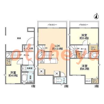 楽器ピアノ可相談 の 賃貸物件 3LDK 15.9万円の図面１