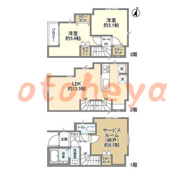 楽器ピアノ可相談 の 賃貸物件 2SLDK 19.6万円の図面１