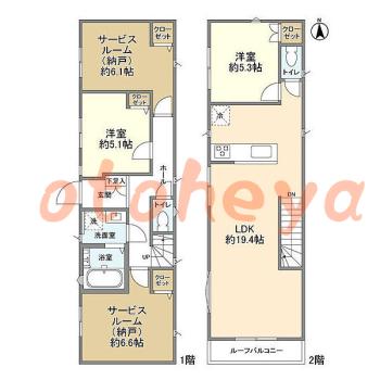 楽器ピアノ可相談 の 賃貸物件 2SLDK 34.4万円の図面１