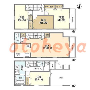 楽器ピアノ可相談 の 賃貸物件 3SLDK 18.5万円の図面１