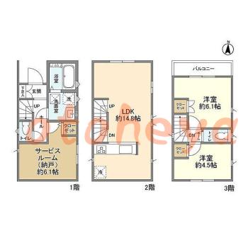 楽器ピアノ可相談 の 賃貸物件 2SLDK 22.6万円の図面１
